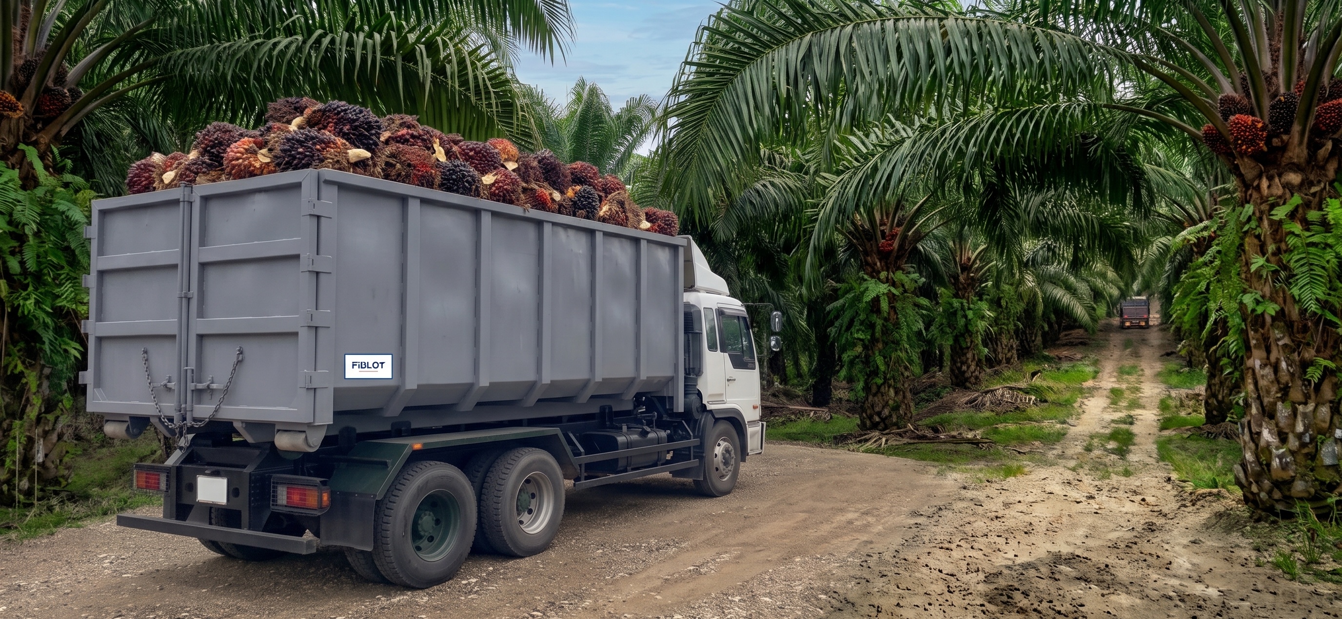FFB RoRo Lorry container truck working in an oil palm plantation